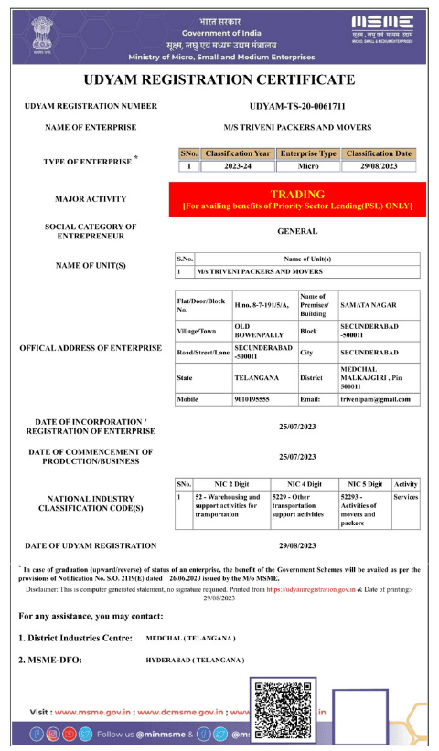 Udyam Registration Certificate for Triveni Packers and Movers, registration number UDYAM-TS-20-0061711, issued by the Ministry of Micro, Small and Medium Enterprises