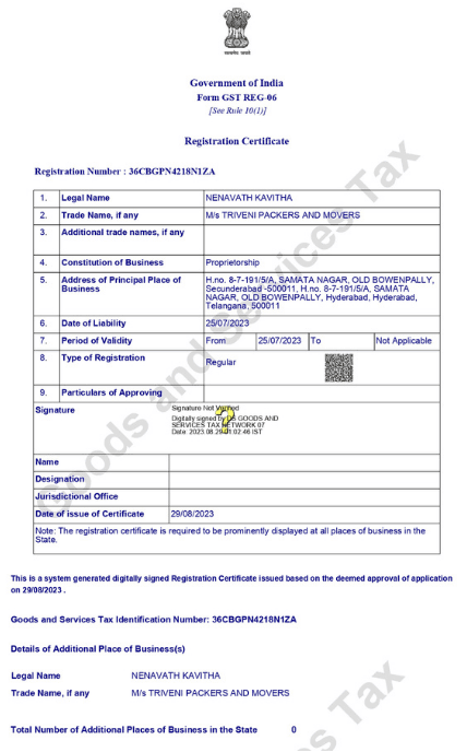 GST Registration Certificate for Triveni Packers and Movers, GSTIN 36CBGPN4218N1ZA, issued by the Government of India